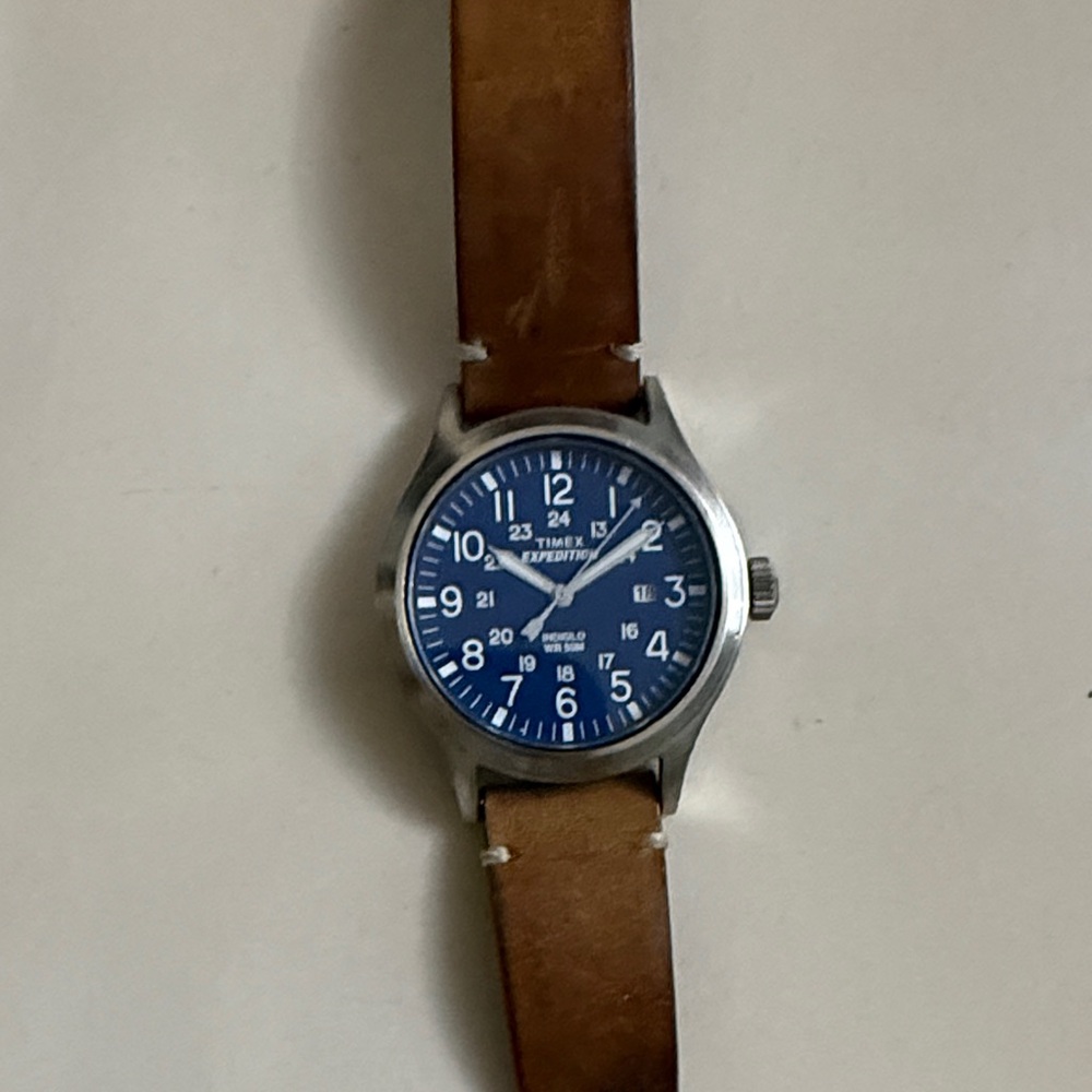 Timex Silver Case Watch with Blue Face and Brown Strap
